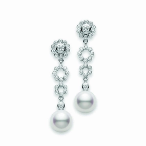 Mikimoto Lace 18ct White Gold 0.39ct Diamond Pearl Drop Earrings D