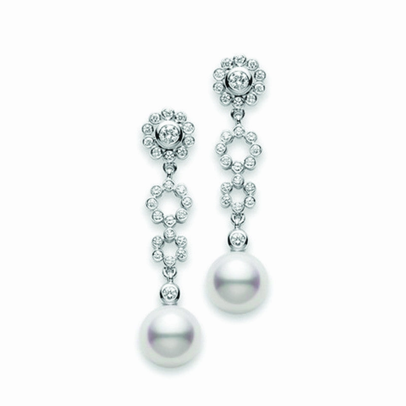 Mikimoto Lace 18ct White Gold 0.39ct Diamond Pearl Drop Earrings D