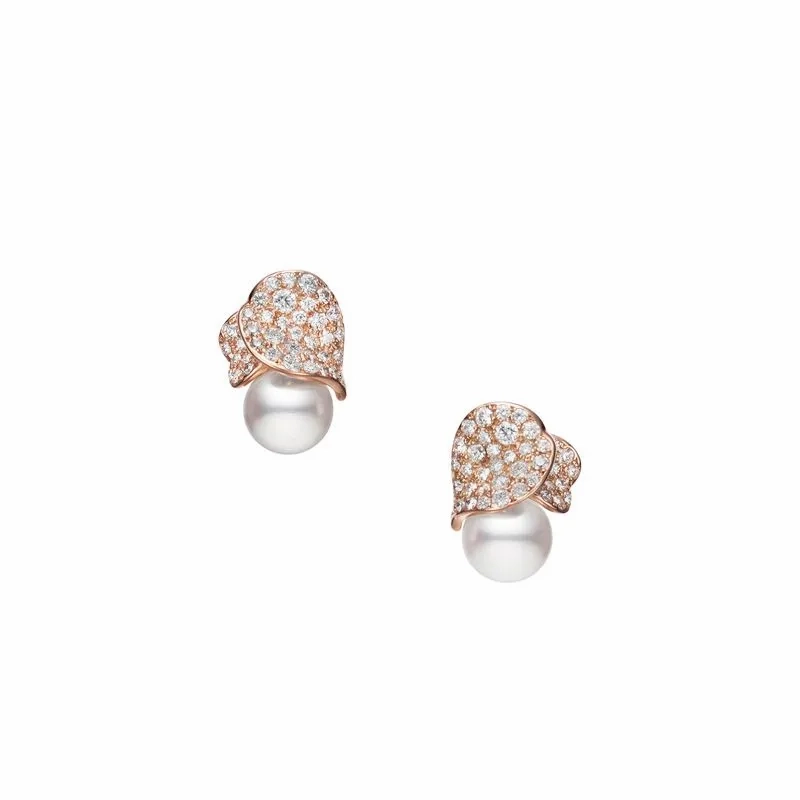 Mikimoto Les Petales Place Vendome 18ct Rose Gold Pearl Diamond Earrings