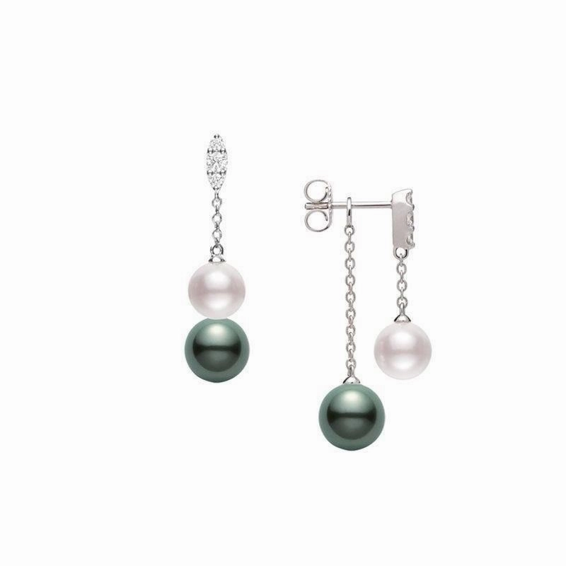 Mikimoto Morning Dew 18ct White Gold Diamond Black South Sea and Akoya Pearl Earrings