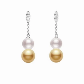 Mikimoto Morning Dew 18ct White Gold Diamond Golden South Sea and Akoya Pearl Earrings