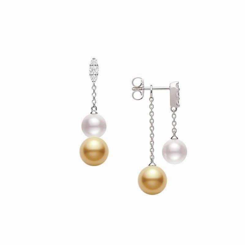 Mikimoto Morning Dew 18ct White Gold Diamond Golden South Sea and Akoya Pearl Earrings