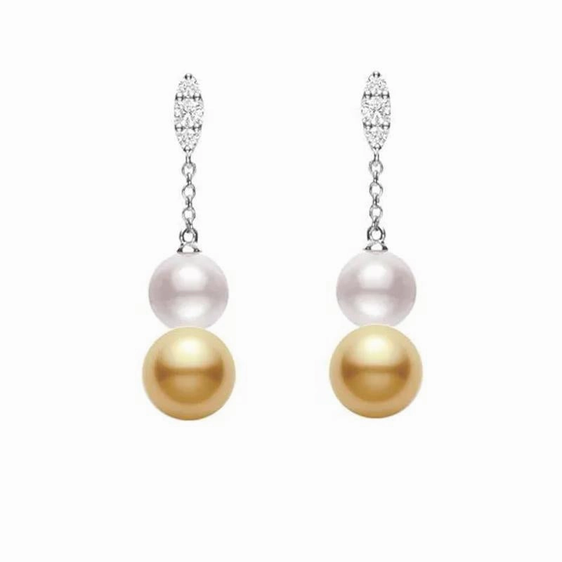 Mikimoto Morning Dew 18ct White Gold Diamond Golden South Sea and Akoya Pearl Earrings