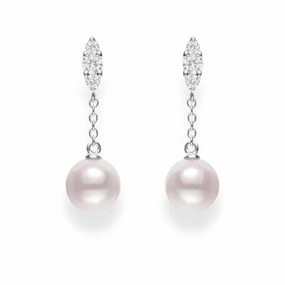 Mikimoto Morning Dew 18ct White Gold Diamond White Akoya Pearl Long Drop Earrings