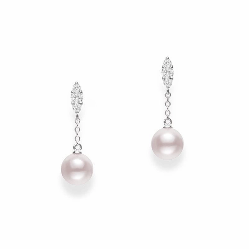 Mikimoto Morning Dew 18ct White Gold Diamond White Akoya Pearl Long Drop Earrings