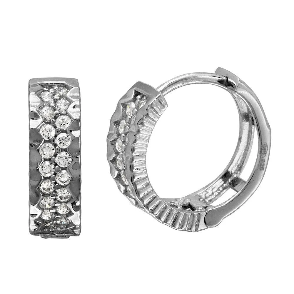 Rhodium Plated 925 Sterling Silver 2 Row CZ Bordered huggie hoop Earrings - GME00084