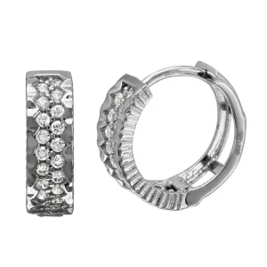 Rhodium Plated 925 Sterling Silver 2 Row CZ Bordered huggie hoop Earrings - GME00084