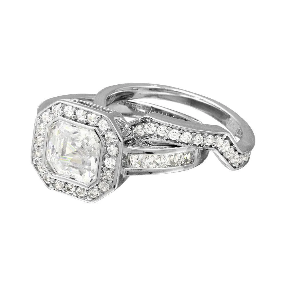 Rhodium Plated 925 Sterling Silver 2pcs CZ Square Center Bridal Ring - GMR00205