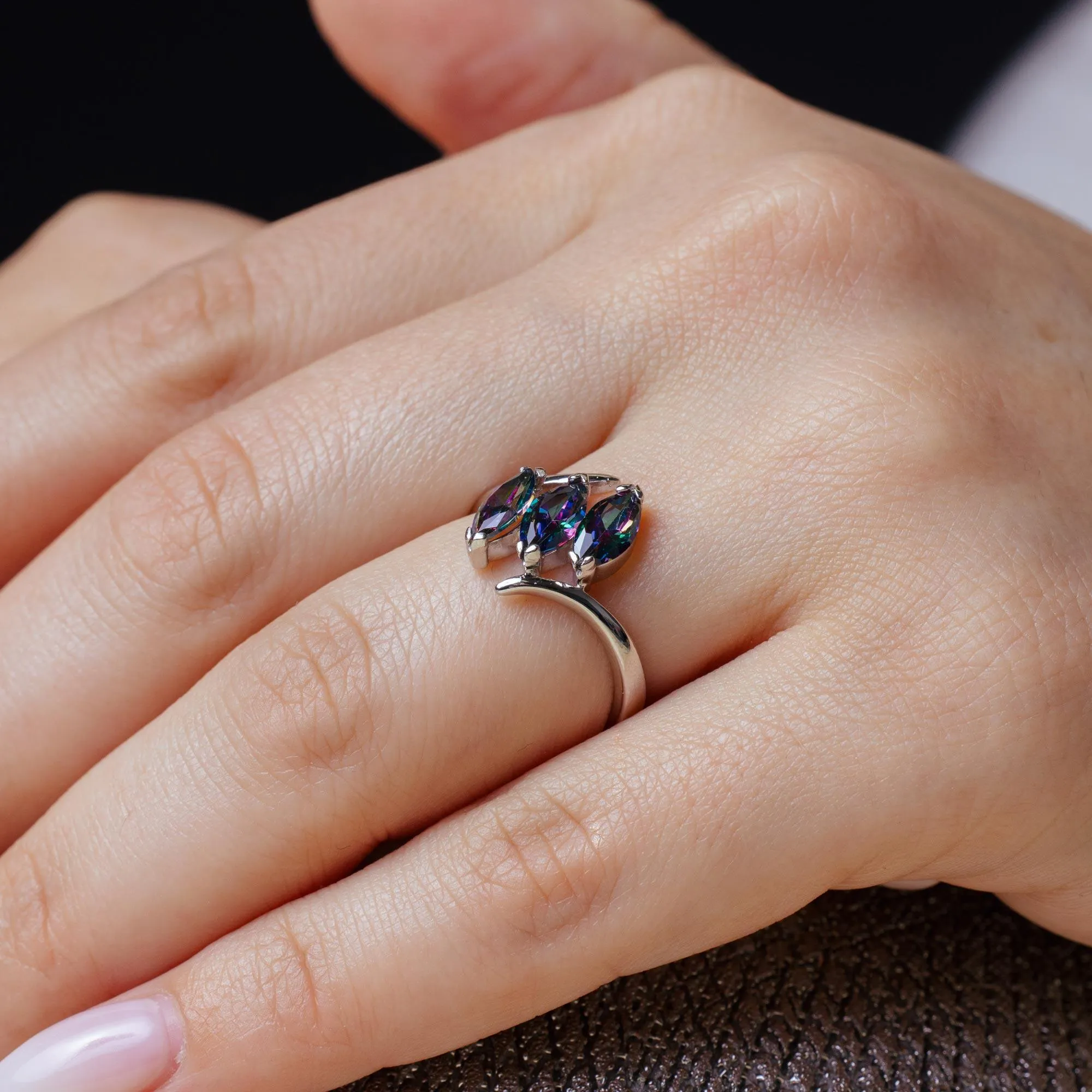 Rhodium Plated 925 Sterling Silver 3 Oval Mystic Topaz CZ Ring - BGR01260