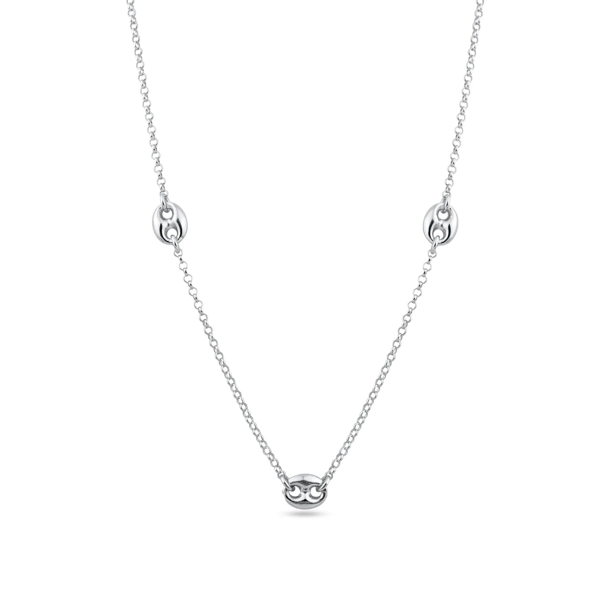 Rhodium Plated 925 Sterling Silver 3 Puffed Mariner Adjustable Link Necklace - ITN00158-RH