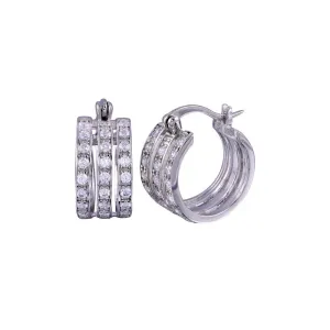 Rhodium Plated 925 Sterling Silver 3 Row huggie hoop Earrings - STE00688