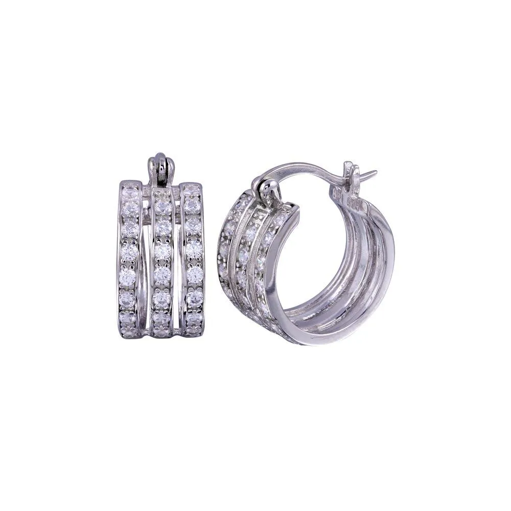 Rhodium Plated 925 Sterling Silver 3 Row huggie hoop Earrings - STE00688