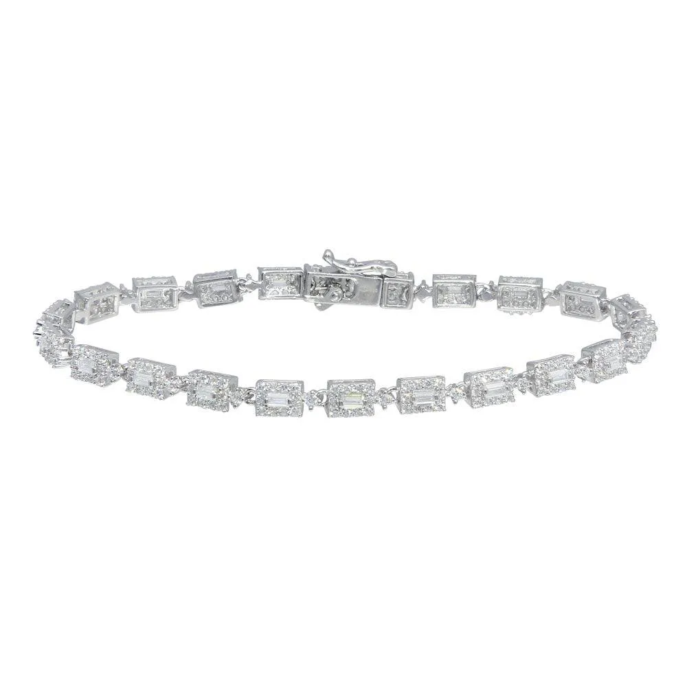 Rhodium Plated 925 Sterling Silver 4mm Square Baguette Center CZ Tennis Bracelet - GMB00065