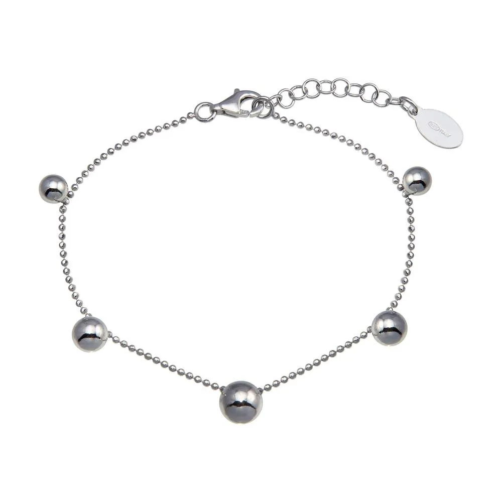 Rhodium Plated 925 Sterling Silver 5 Bead Charm Bead Link Chain Bracelet - ITB00315-RH