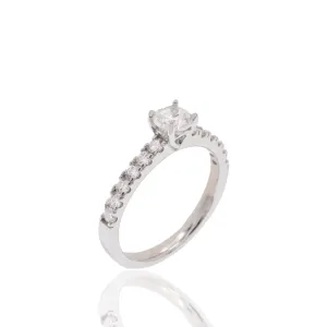 Rhodium Plated 925 Sterling Silver 5mm Round Lab Grown Diamond Pave Side Stones on Solitaire Engagement Ring - LGMR00006