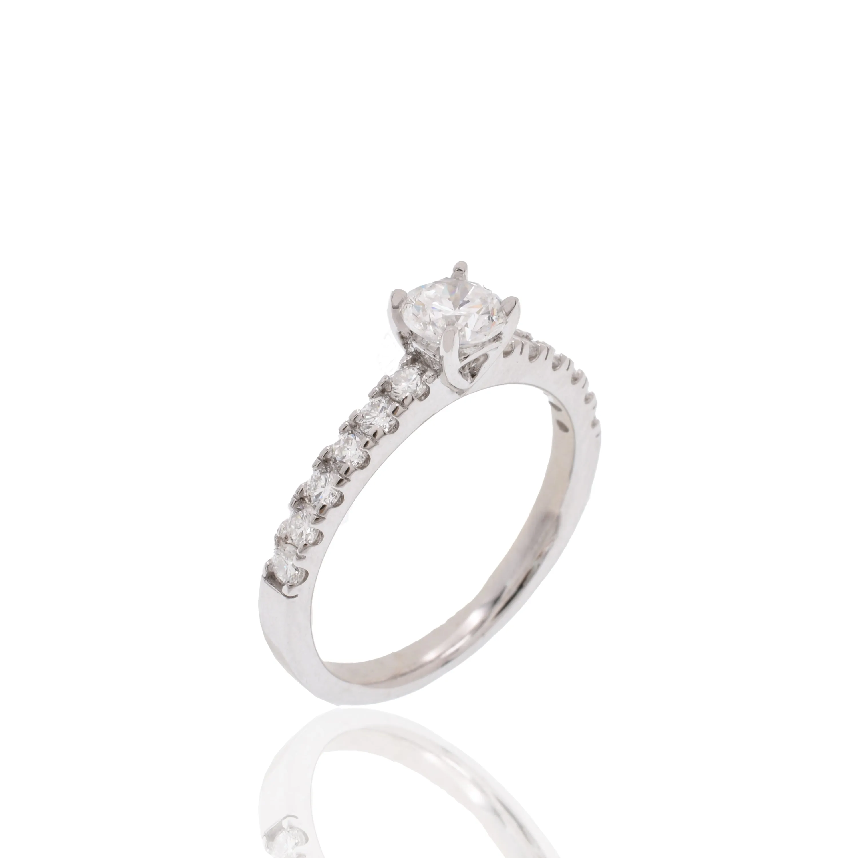 Rhodium Plated 925 Sterling Silver 5mm Round Lab Grown Diamond Pave Side Stones on Solitaire Engagement Ring - LGMR00006