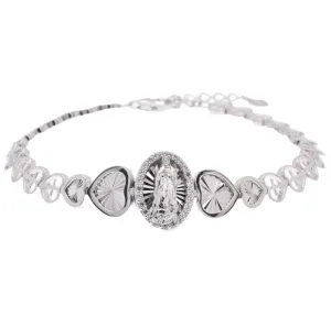 Rhodium Plated 925 Sterling Silver 6.9mm Our Lady of Guadalupe Clear CZ Diamond Cut Heart Cross Chain Adjustable Bracelet - GMB00139