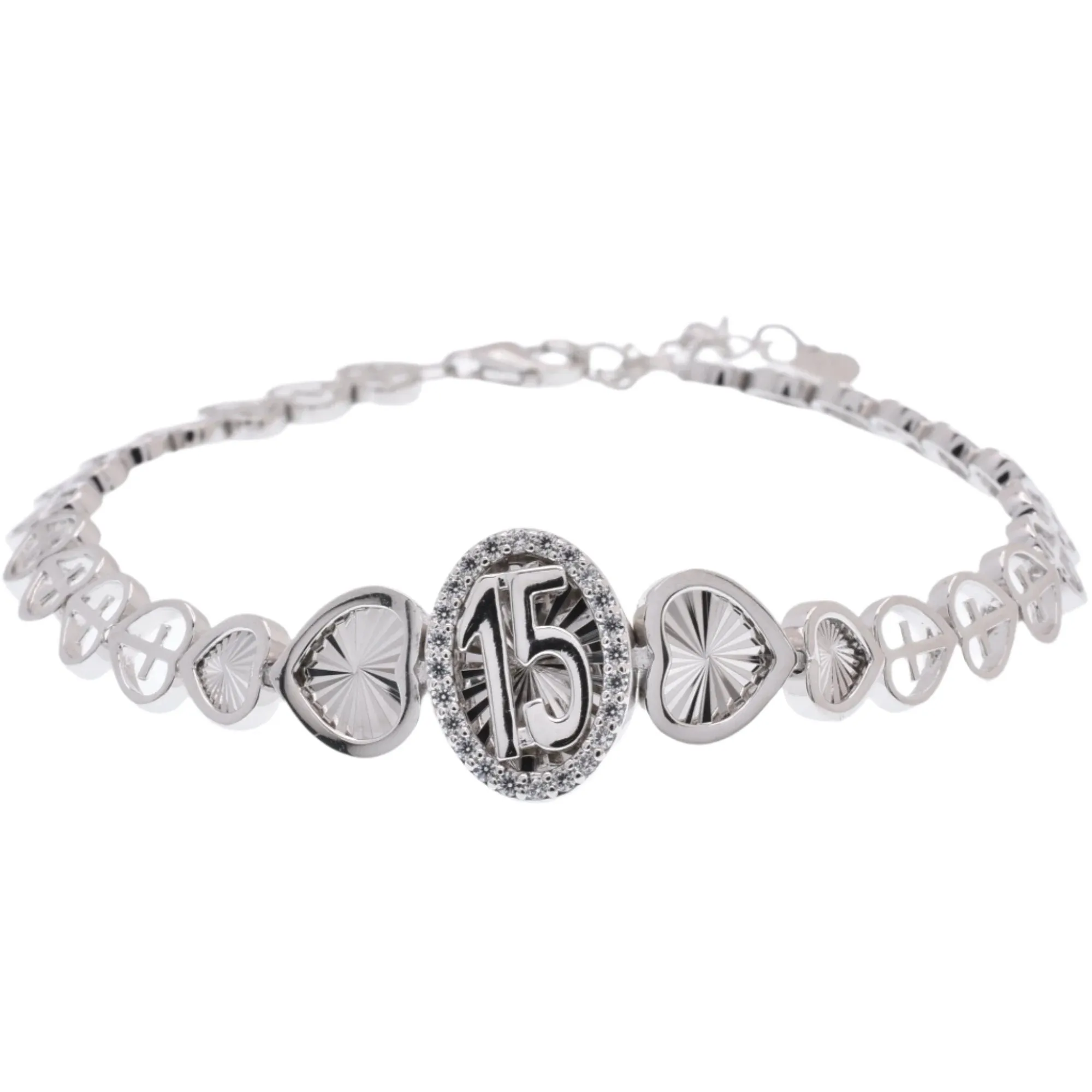 Rhodium Plated 925 Sterling Silver 6.9mm Quinceaera Clear CZ Diamond Cut Heart Cross Chain Adjustable Bracelet - GMB00141
