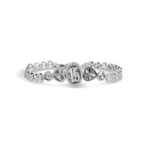 Rhodium Plated 925 Sterling Silver 6.9mm Quinceaera Clear CZ Diamond Cut Heart Cross Chain Adjustable Bracelet - GMB00141