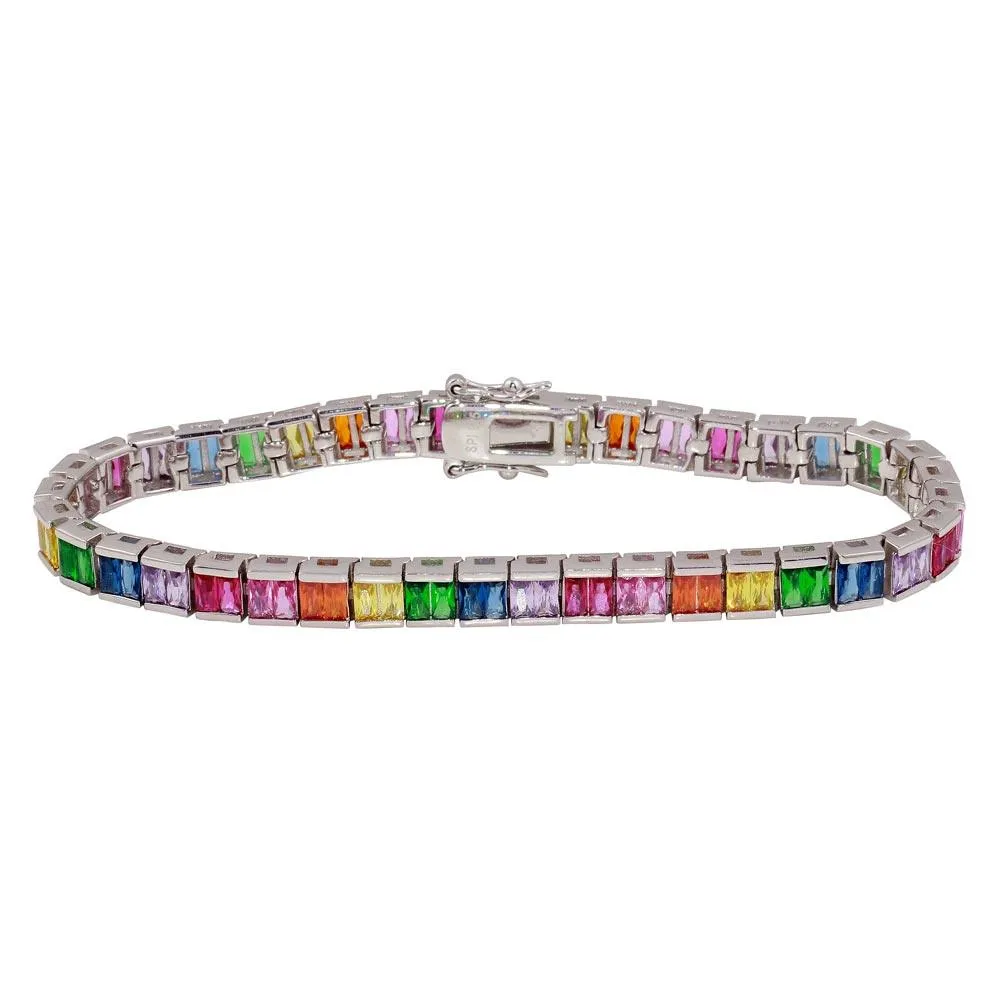 Rhodium Plated 925 Sterling Silver 6mm Multi-Colored Square CZ Tennis Bracelet - STB00064RB
