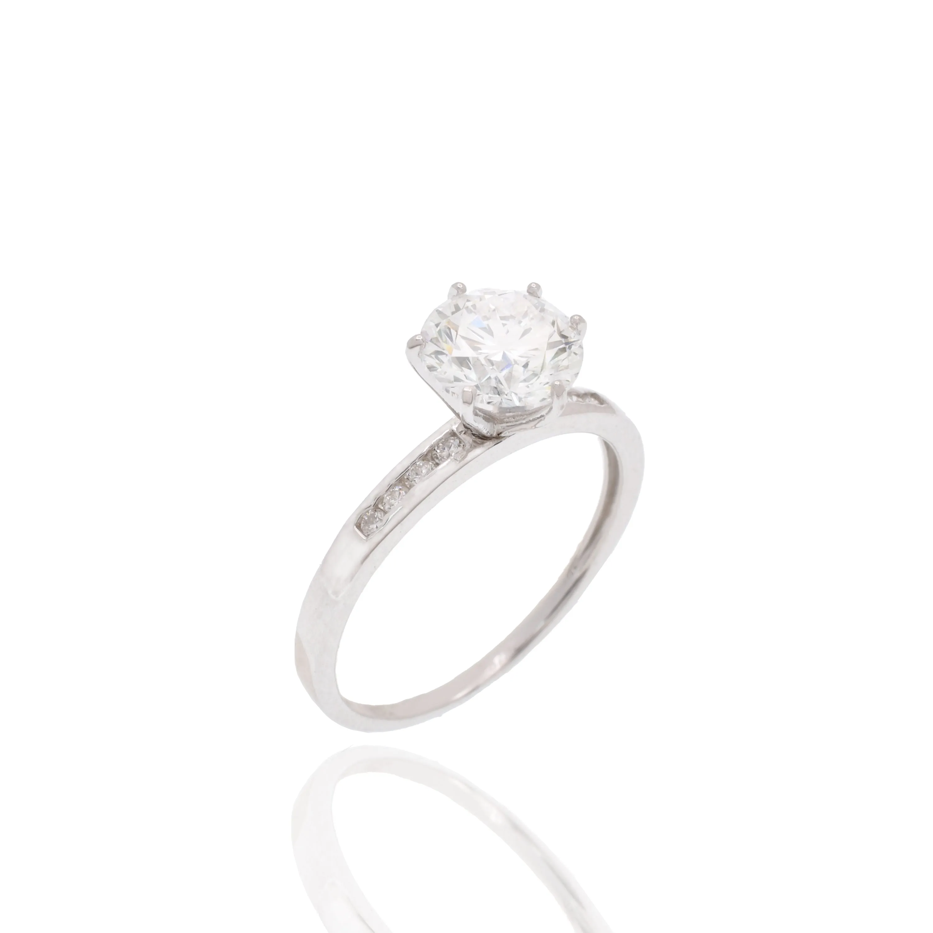 Rhodium Plated 925 Sterling Silver 7mm Round Lab Grown Diamond Pave Accents on Solitaire Engagement Ring - LGMR00003