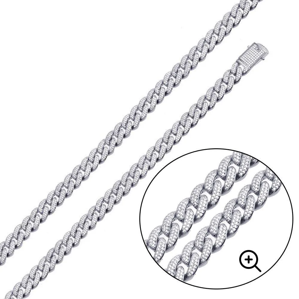 Rhodium Plated 925 Sterling Silver 9.5mm Miami Curb CZ Chain or Bracelet - GMN00176 | GMB00089
