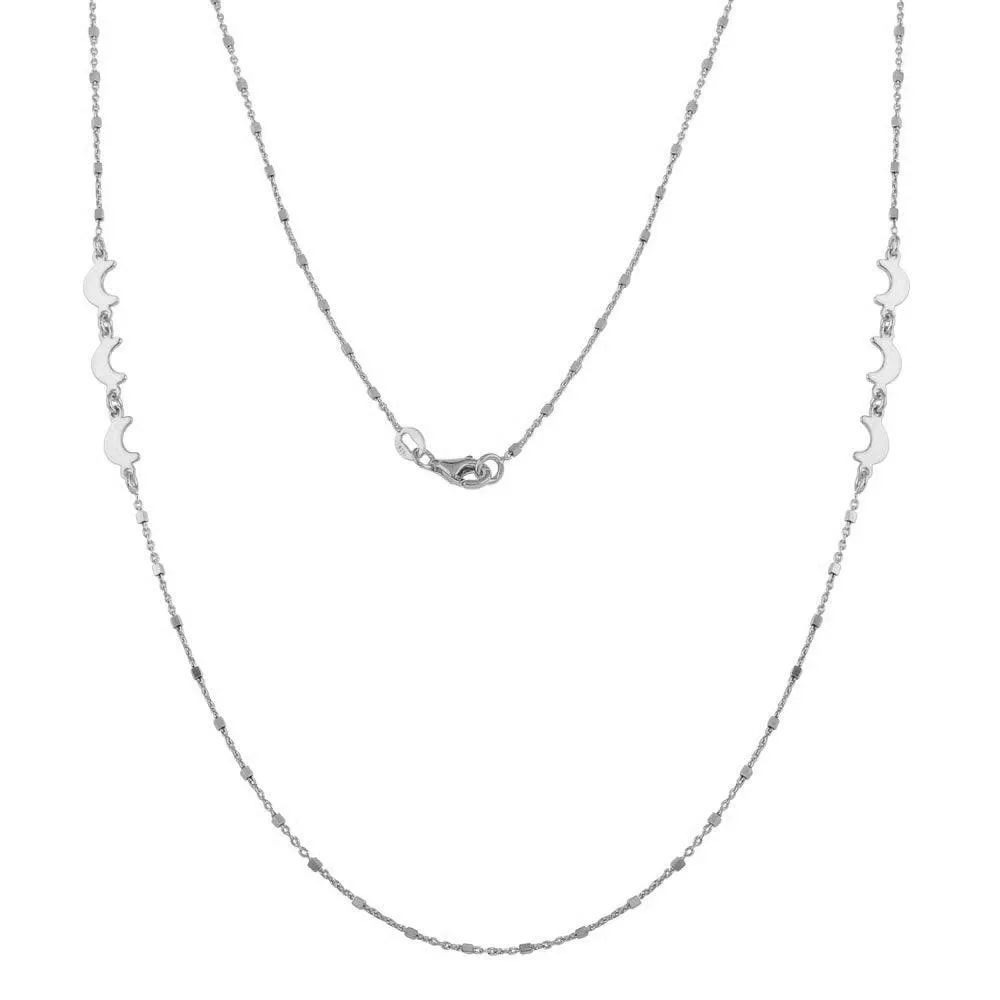Rhodium Plated 925 Sterling Silver Alternating Bead Crescent Moon Necklace - ECN00035RH