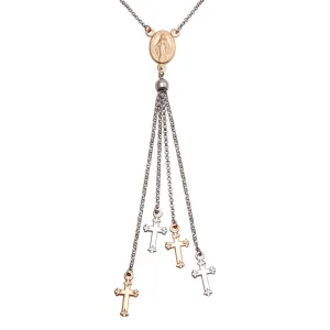 Rhodium Plated 925 Sterling Silver and Rose Gold Plated Rosary Tassel Necklace - ARN00048RH-RGP