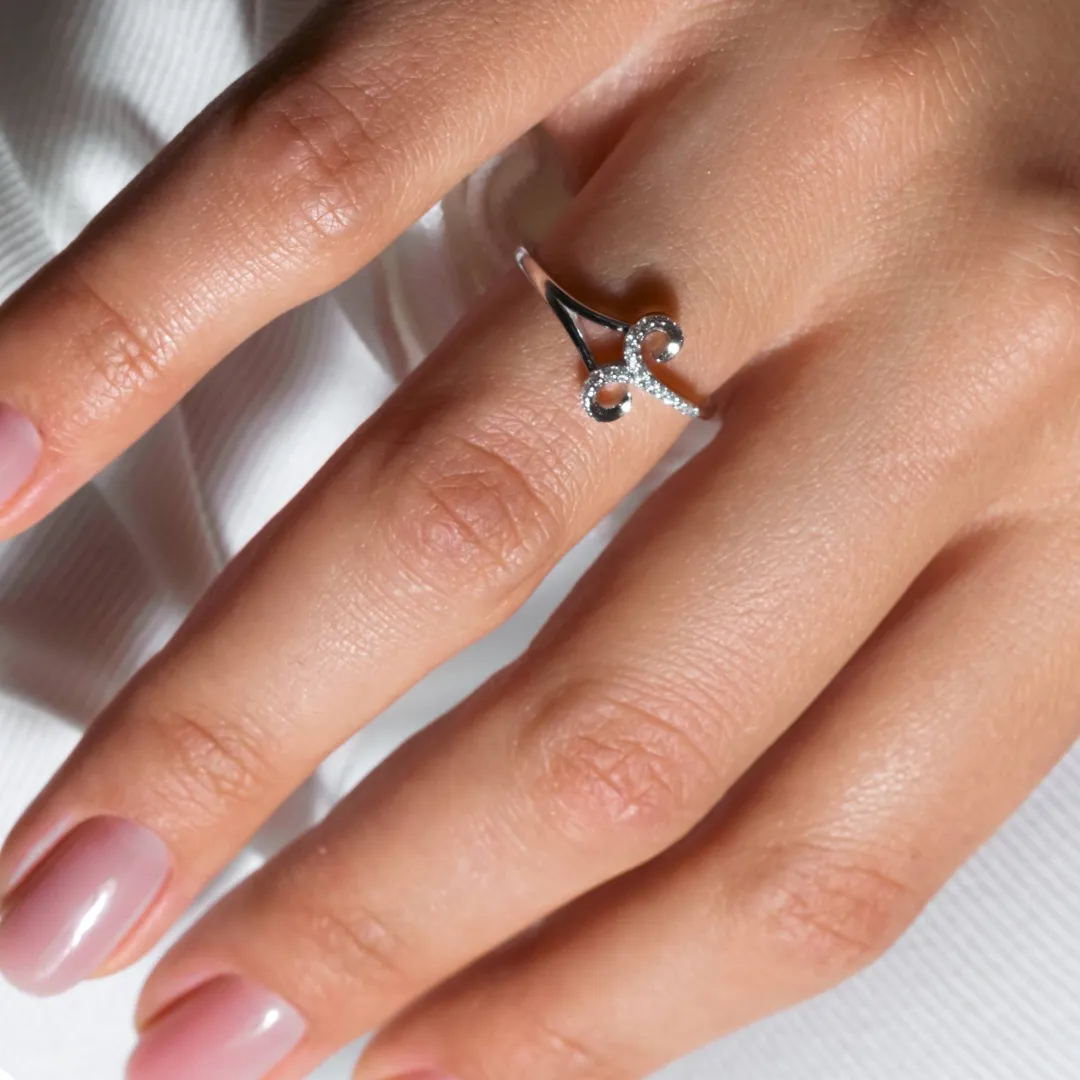 Rhodium Plated 925 Sterling Silver Aries CZ Zodiac Sign Ring - BGR01324