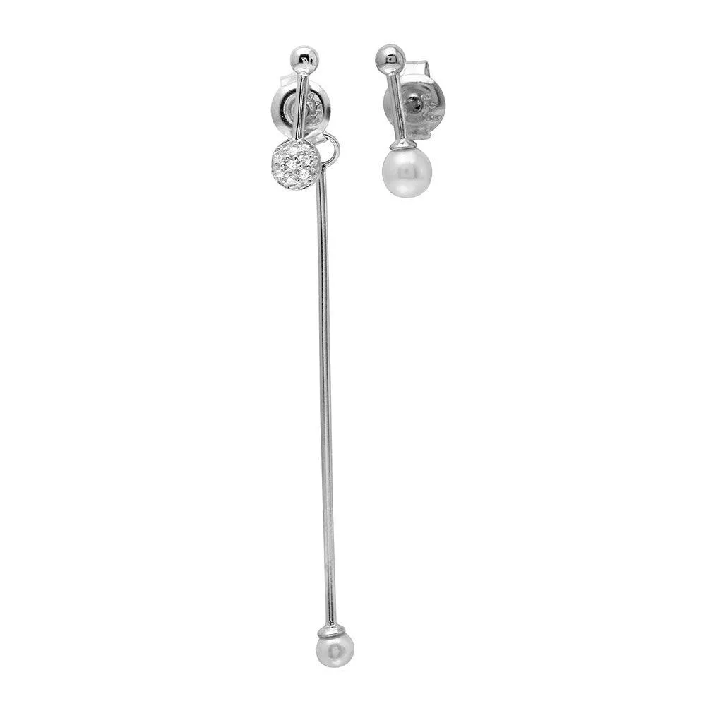 Rhodium Plated 925 Sterling Silver Asymmetrical Front and Back Pin Earrings with CZ and Synthetic Pearl - GME00092RH