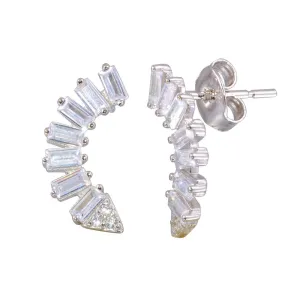 Rhodium Plated 925 Sterling Silver Baguette CZ Dangling Crescent Earrings - STE01193