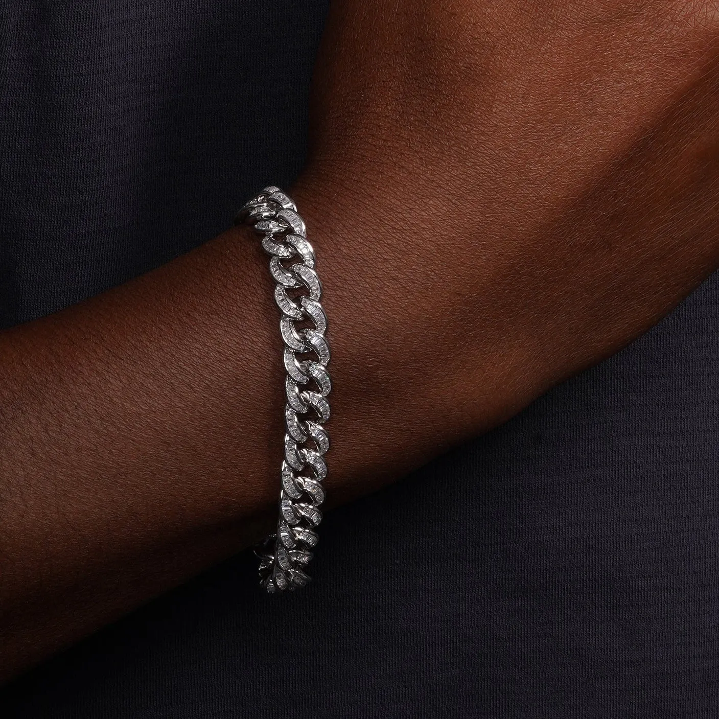 Rhodium Plated 925 Sterling Silver Baguette CZ Encrusted Curb Chain or Bracelet 10.9mm - CHCZ116 RH