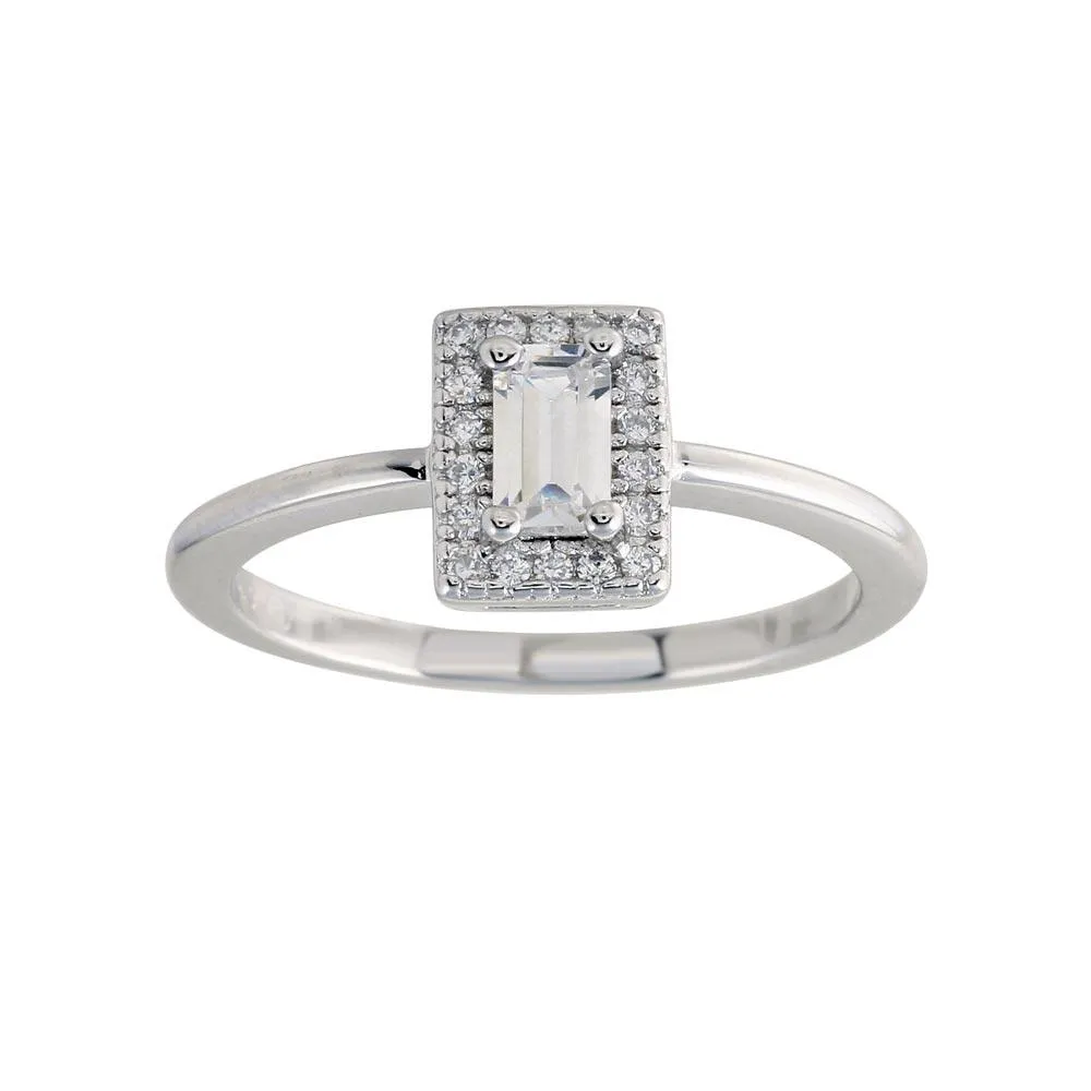 Rhodium Plated 925 Sterling Silver Baguette Stone Halo CZ Ring - BGR01275