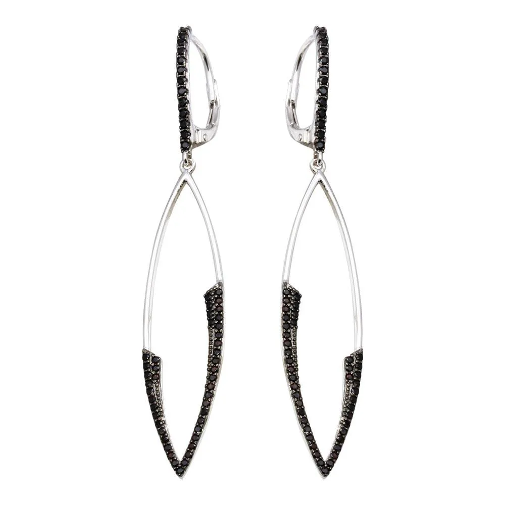 Rhodium Plated 925 Sterling Silver Black CZ Marquee Drop Earrings - BGE00596