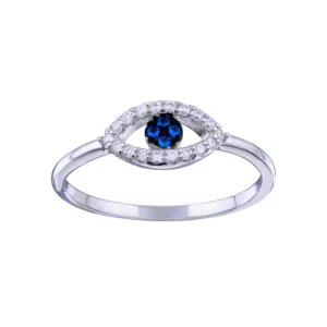 Rhodium Plated 925 Sterling Silver Blue and Clear CZ Evil Eye Ring - BGR01339
