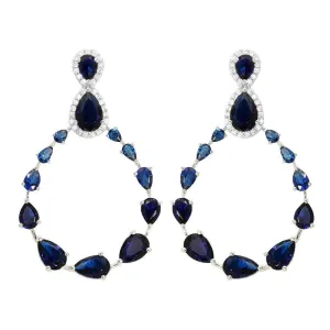 Rhodium Plated 925 Sterling Silver Blue and Clear Teardrop with Open Hanging Graduated CZ Earrings - GME00104-BLU
