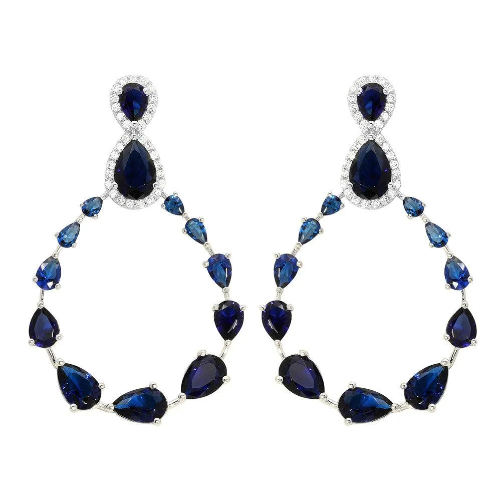 Rhodium Plated 925 Sterling Silver Blue and Clear Teardrop with Open Hanging Graduated CZ Earrings - GME00104-BLU