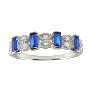 Rhodium Plated 925 Sterling Silver Blue Bar CZ Link Ring  - BGR01223BLU