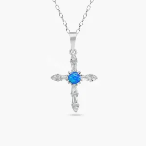 Rhodium Plated 925 Sterling Silver Blue Synthetic Opal Cross Necklace - BGP01452