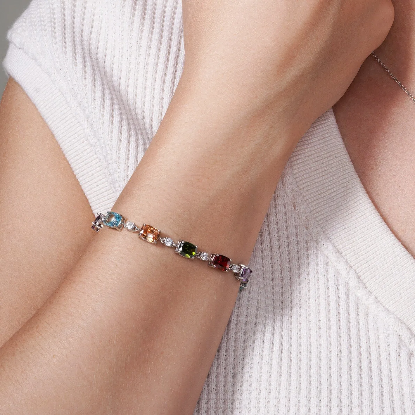 Rhodium Plated 925 Sterling Silver Clear and Multi-Colored CZ Tennis Bracelet - BGB00312MUL