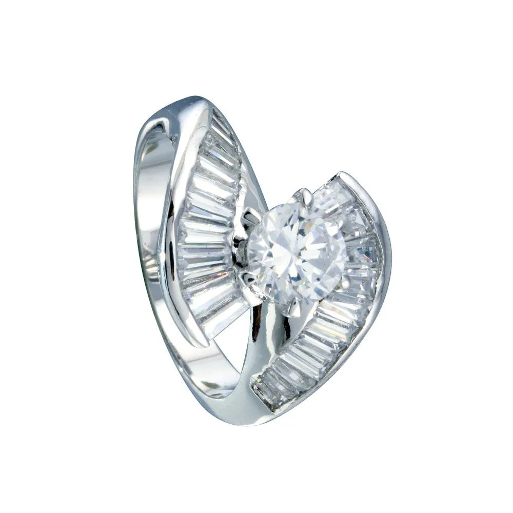 Rhodium Plated 925 Sterling Silver Clear Baguette CZ Wave Ring - BGR00094
