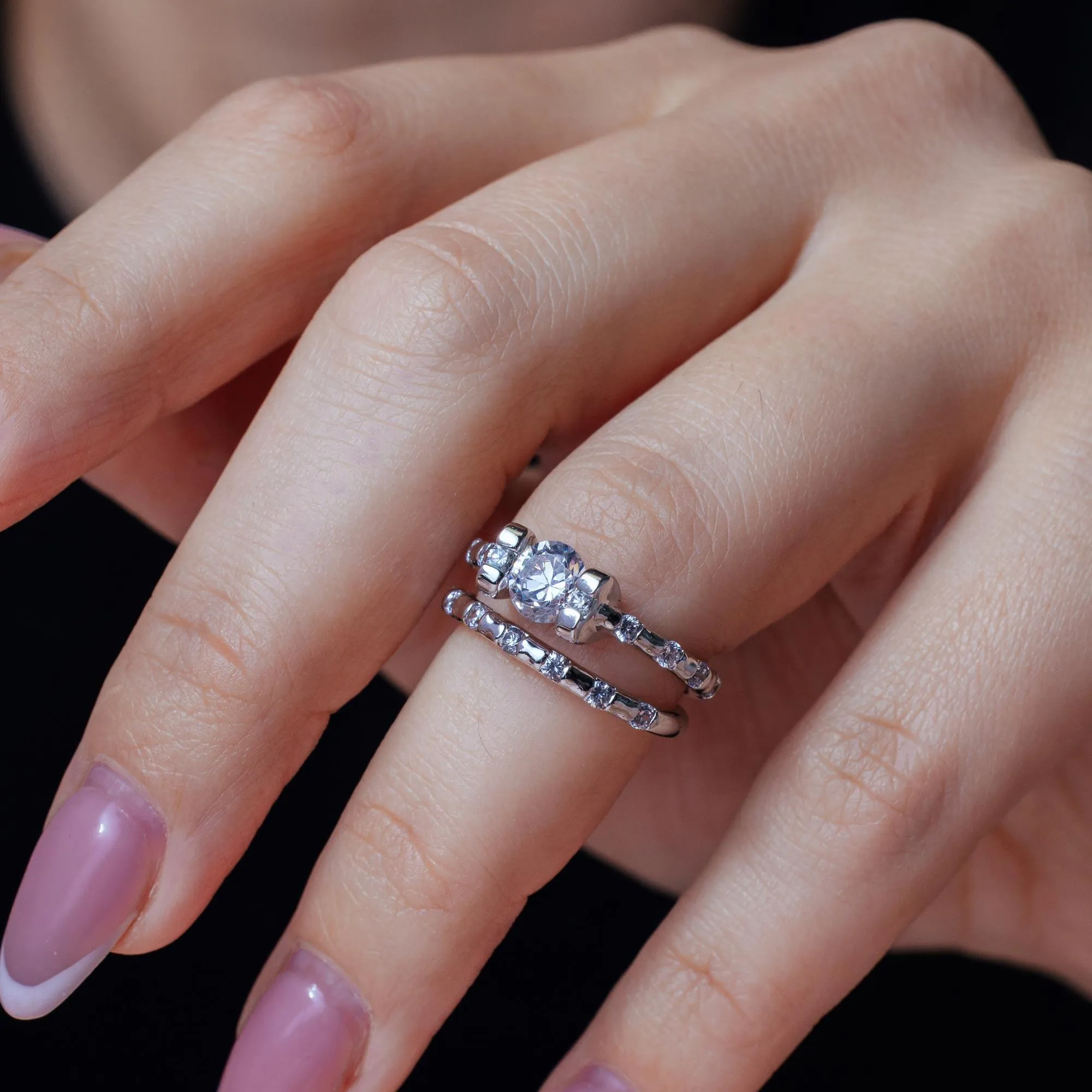Rhodium Plated 925 Sterling Silver Clear Center CZ Bridal Ring Set - BGR00403