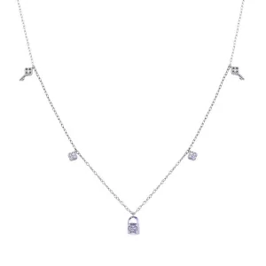 Rhodium Plated 925 Sterling Silver Clear CZ Lock and Key Necklace - BGP01406