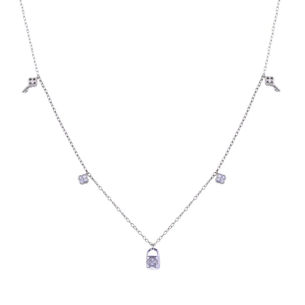 Rhodium Plated 925 Sterling Silver Clear CZ Lock and Key Necklace - BGP01406