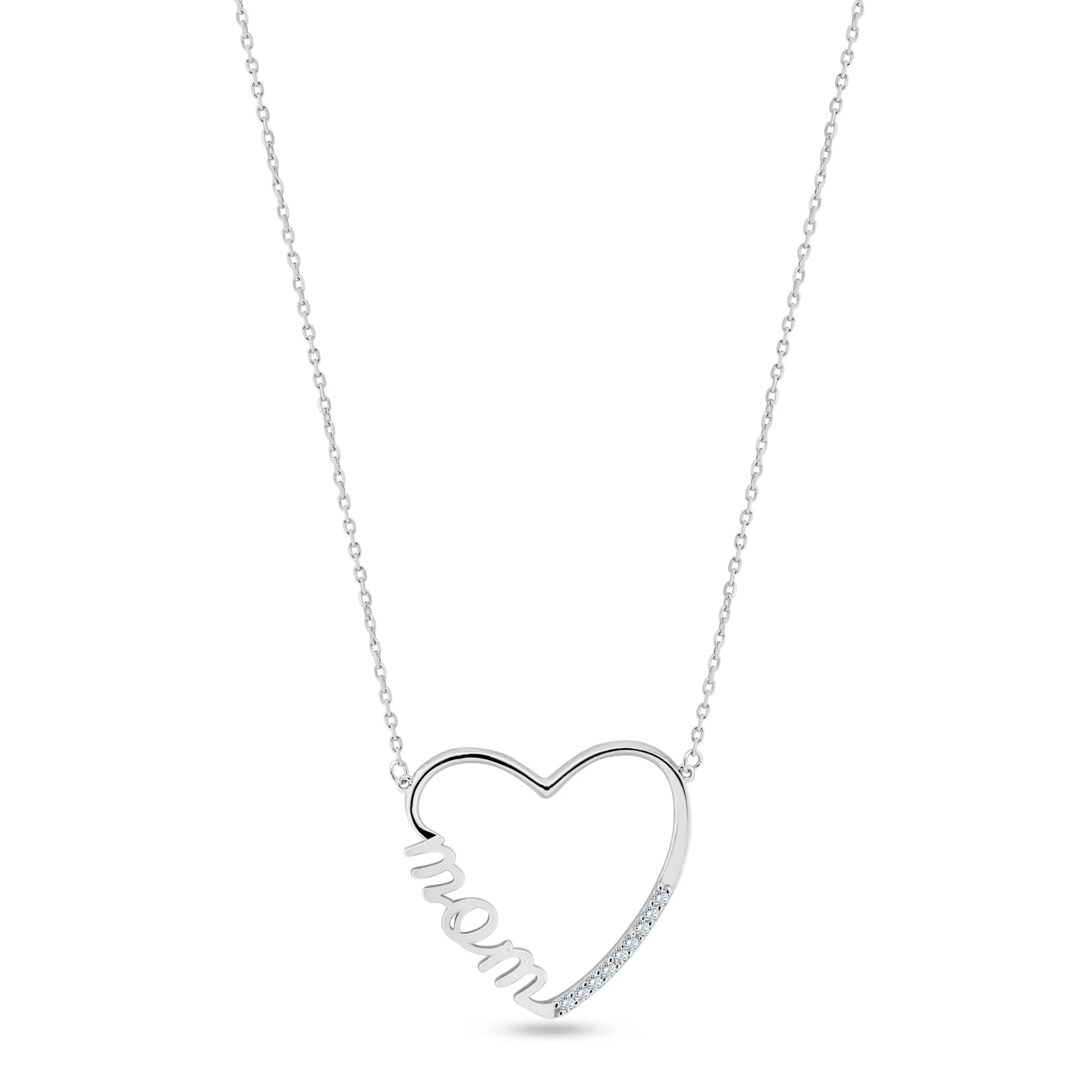 Rhodium Plated 925 Sterling Silver Clear CZ Open Heart MOM Necklace - GMN00207