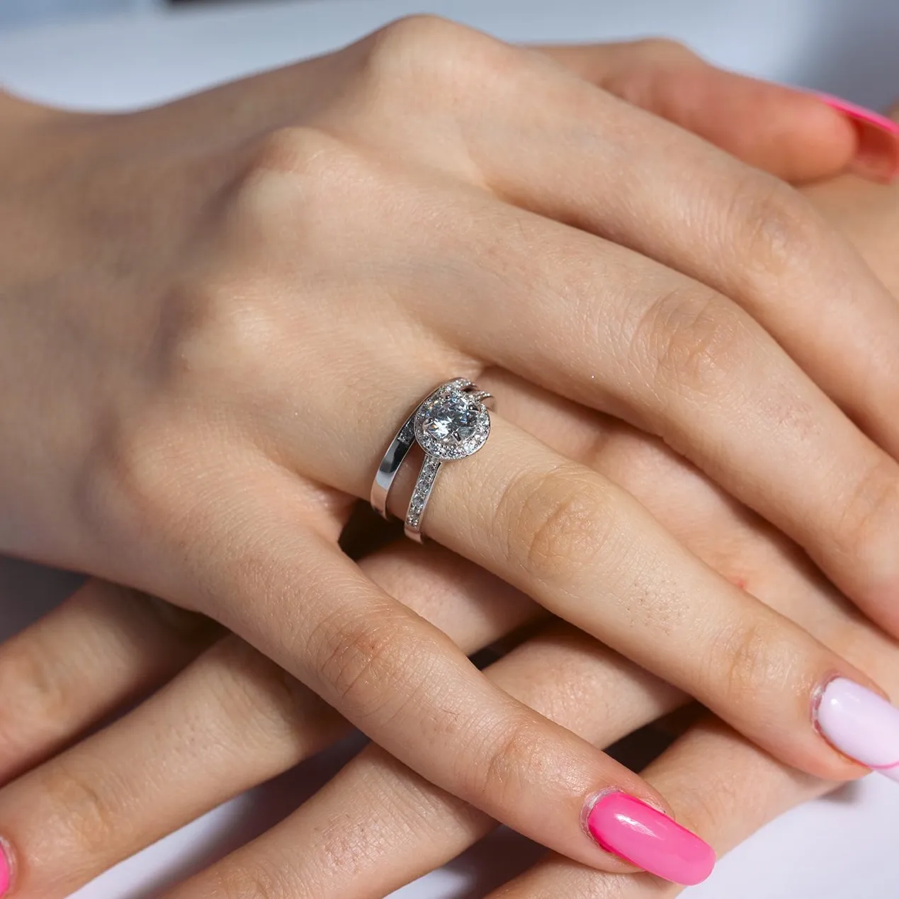 Rhodium Plated 925 Sterling Silver Clear CZ Round Bridal Ring Set - BGR00459