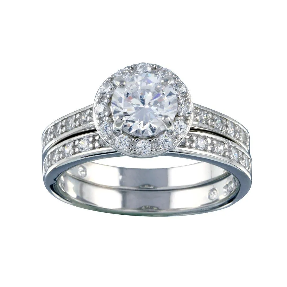 Rhodium Plated 925 Sterling Silver Clear CZ Round Bridal Ring Set - BGR00459