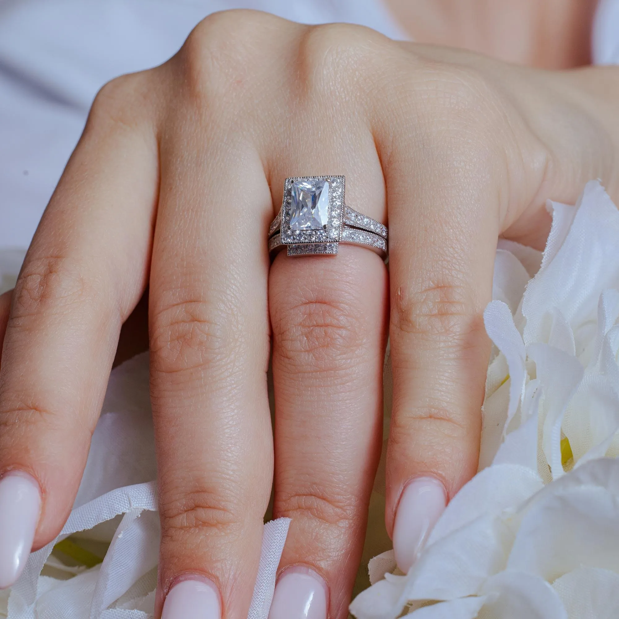 Rhodium Plated 925 Sterling Silver Clear CZ Square Bridal Ring Set - BGR00198