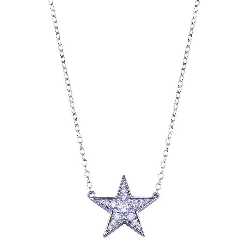 Rhodium Plated 925 Sterling Silver Clear CZ Star Necklace - BGP01410