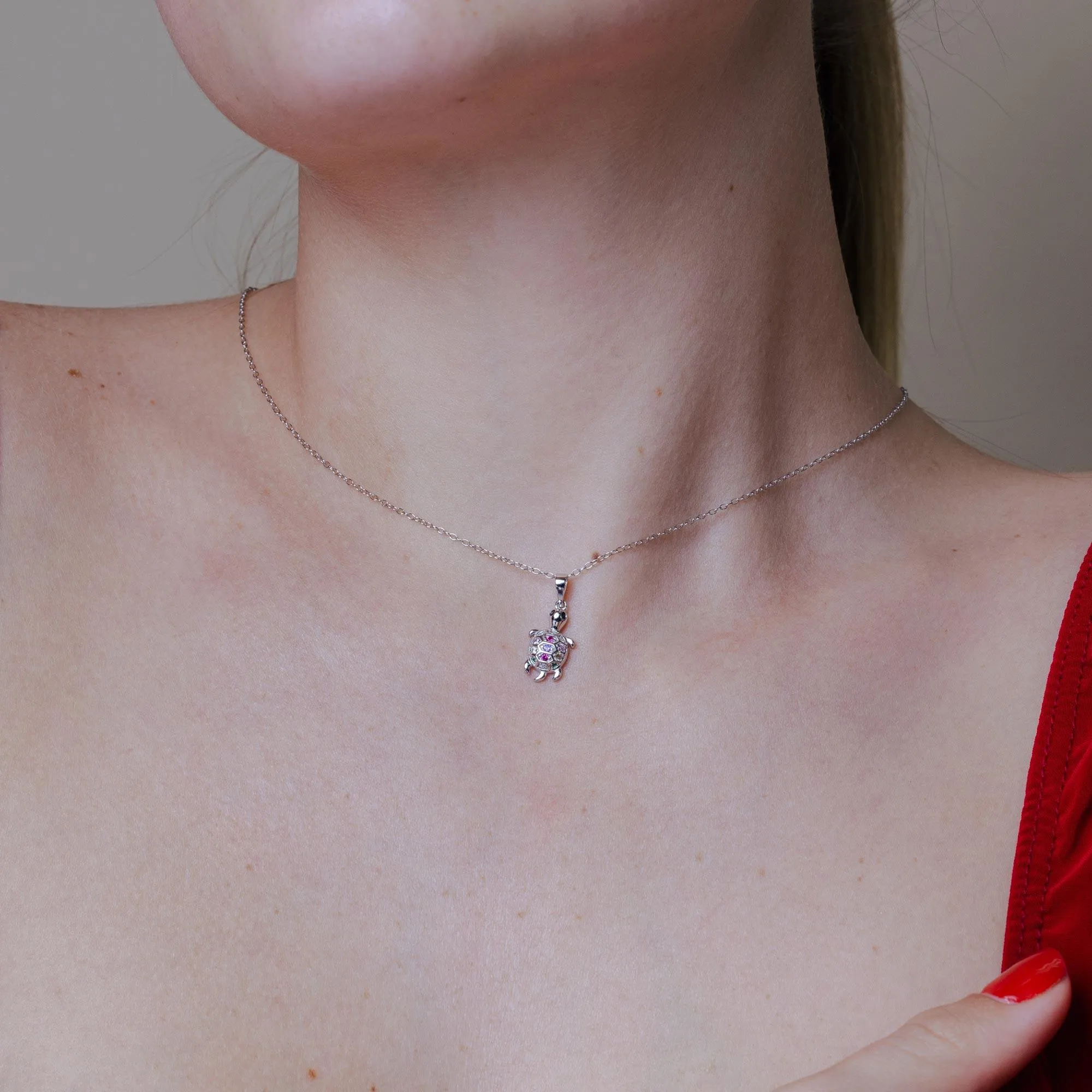 Rhodium Plated 925 Sterling Silver Clear Multi Color CZ Turtle Pendant Necklace - BGP01450